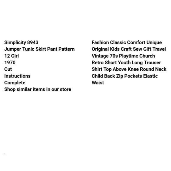 Vtg Simplicity 8943 Jumper Tunic Skirt Pant Pattern 12 Girl 1970 Child Pockets - Picture 3 of 6